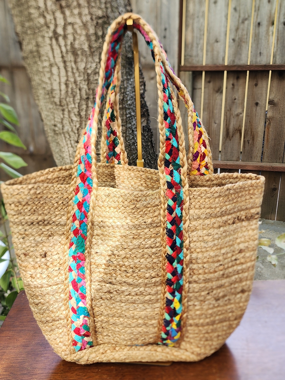 Woven Jute Straw Tote Bag Colorful Braided Straps Beach Market Summer Carryall